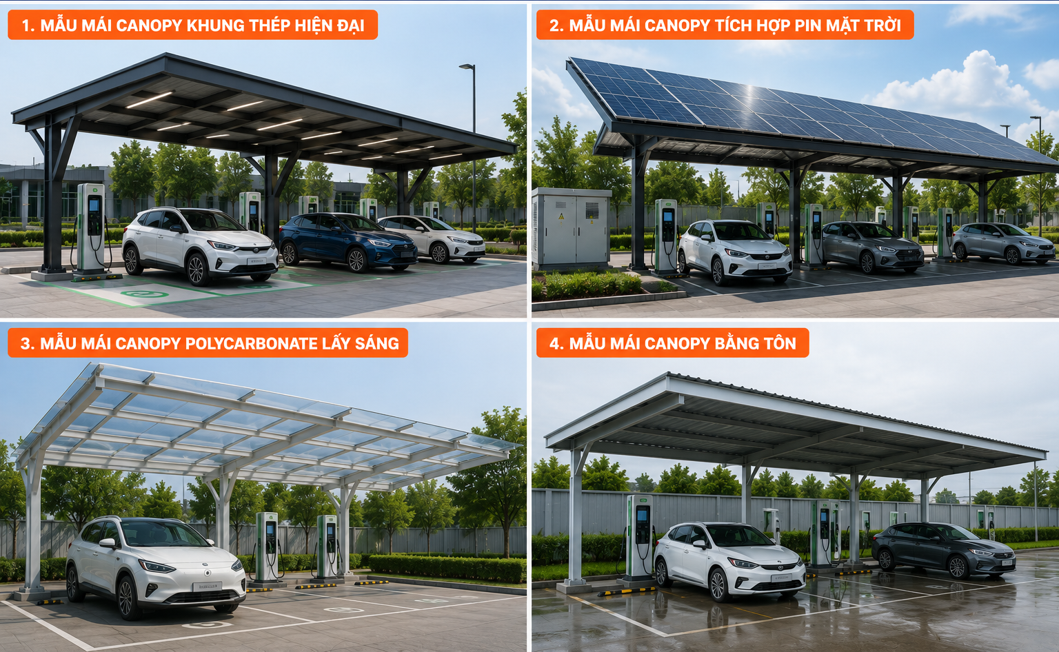 Mẫu Mái Canopy Trạm Sạc Xe Điện Được Ứng Dụng Phổ Biến